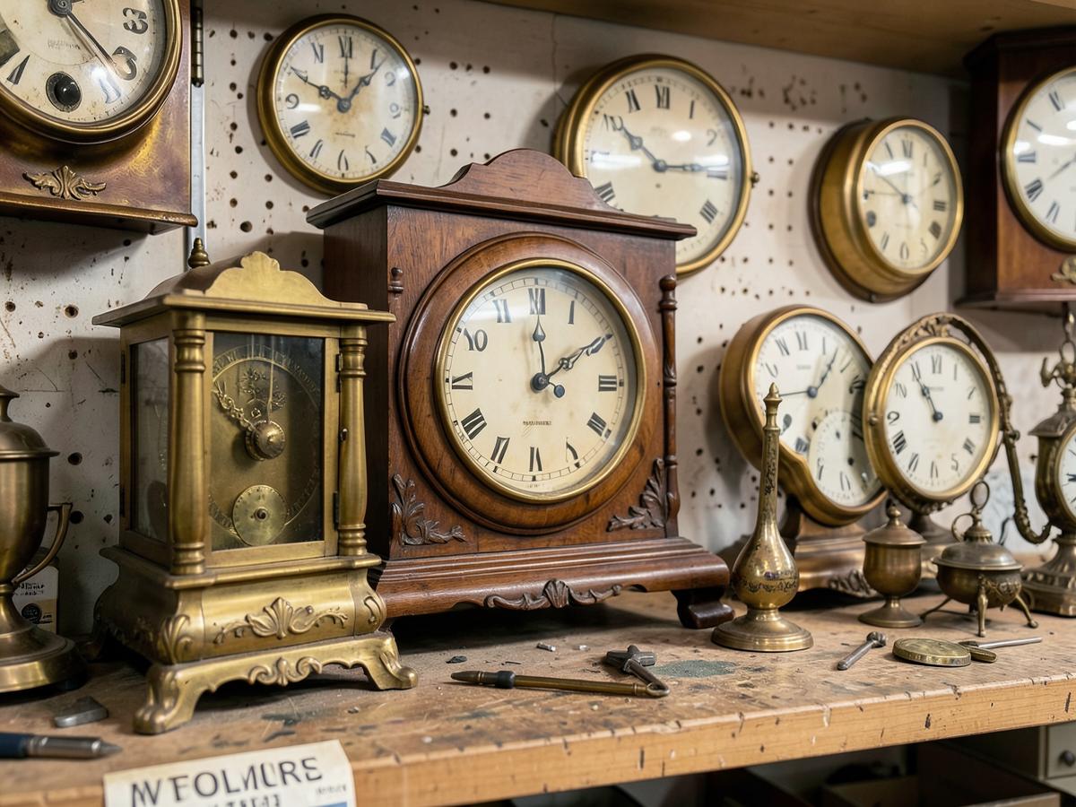 Shelf of antique mantel and wall clocks awaiting restoration in the workshop